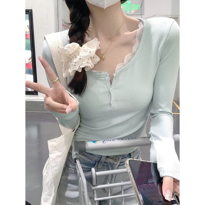辣妹假兩件蕾絲打底衫女內搭修身短款上衣設計感2024秋冬長袖t恤