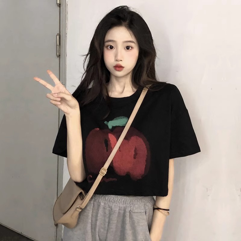 白色印花高腰正肩短袖t恤女夏休閒百搭辣妹露臍寬鬆短款上衣