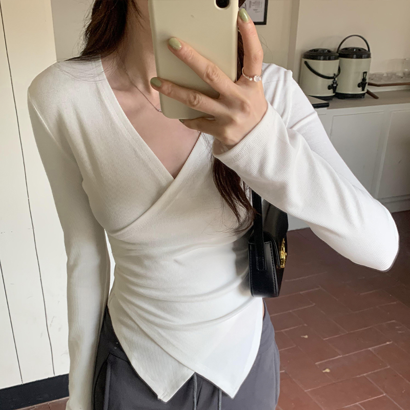 Actual pictures of cross V-neck bottoming shirt for women 2024 spring and autumn new style irregular waist style long-sleeved T-shirt