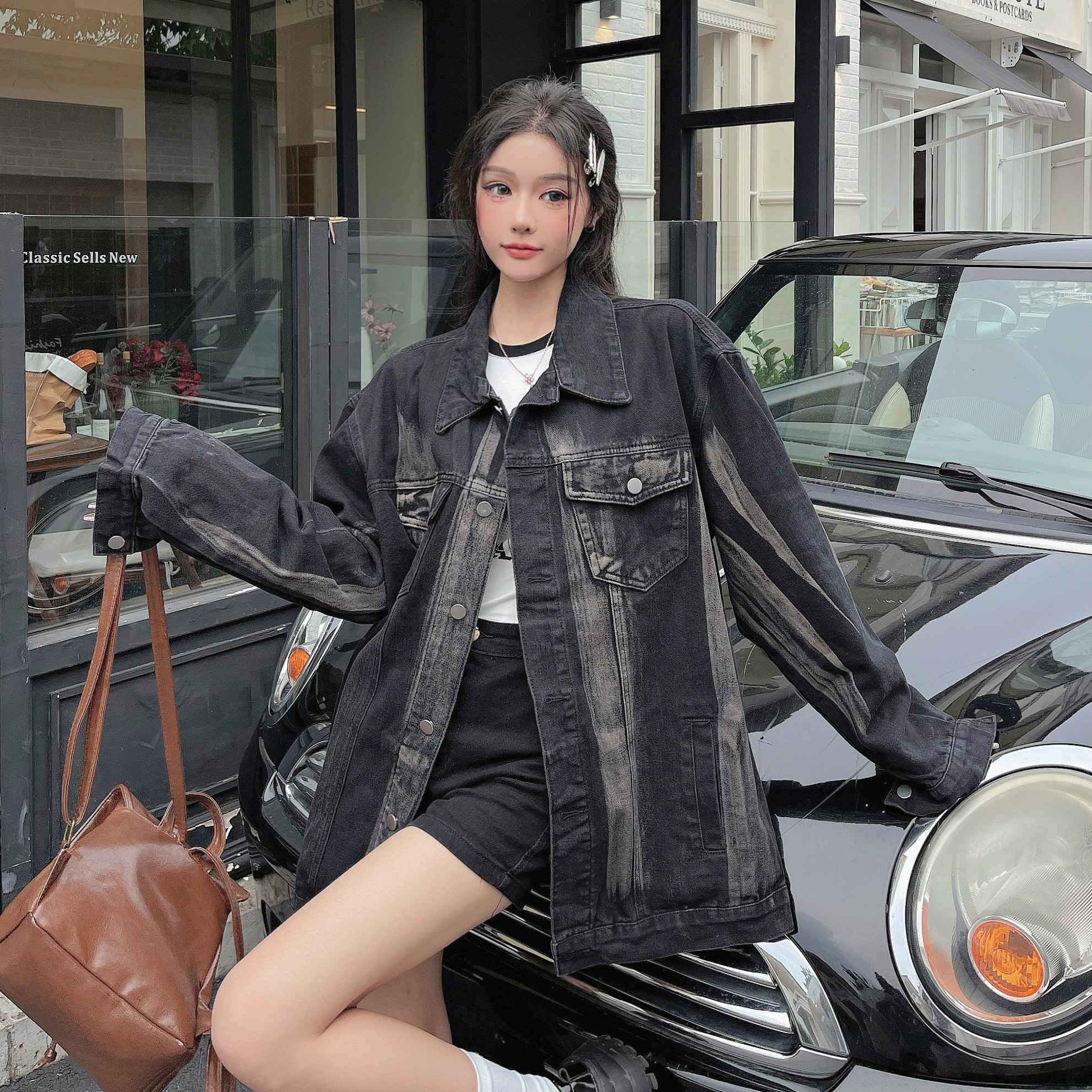 大碼胖mm黑色牛仔外套女韓版寬鬆休閒百搭扎染工裝夾克ins潮