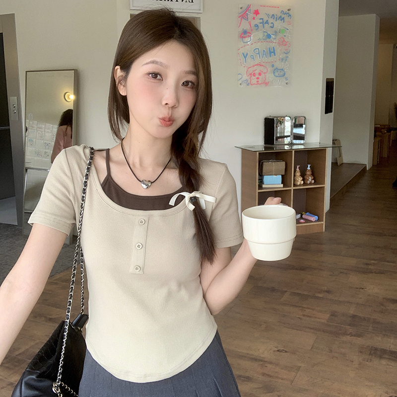 Actual shot of 2024 summer new style fat mm American design slimming fake two-piece suspender hot girl short-sleeved T-shirt versatile