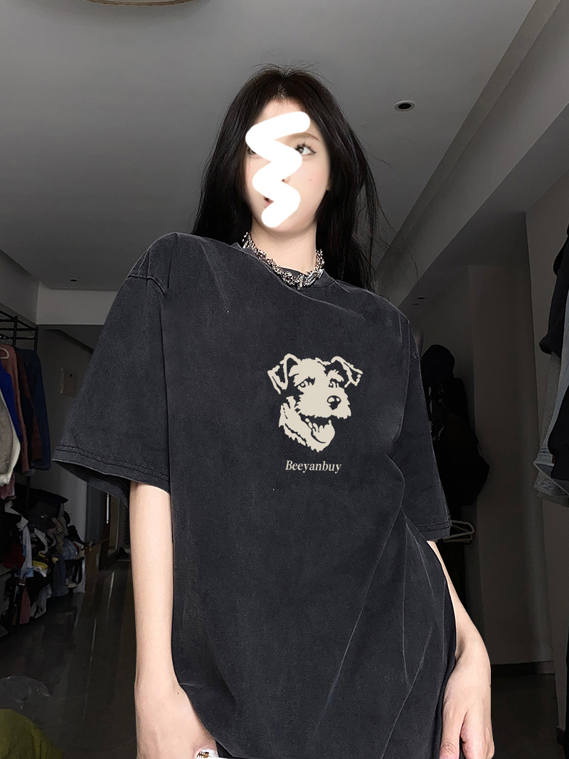 美式復古中長款短袖t恤女水洗做舊寬鬆純棉半袖上衣大碼胖mm顯瘦