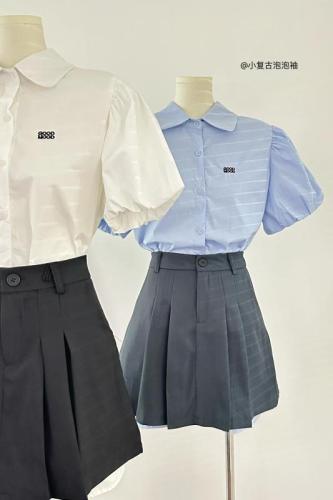 实拍 韩系减龄学院风刺绣衬衣泡泡袖气质百褶裙套装两件套女2024