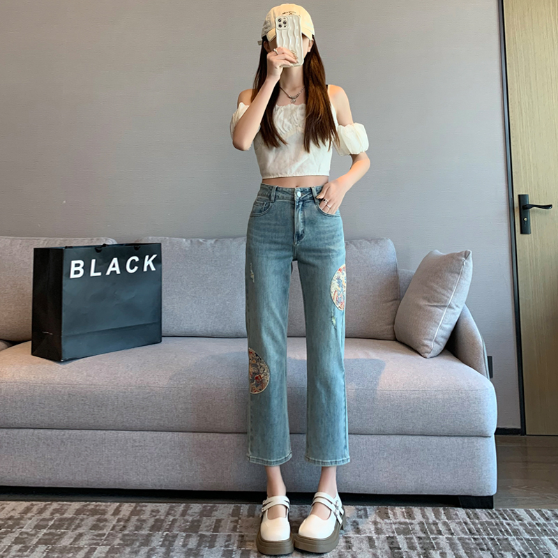 實拍~小個子直筒煙管褲彈力牛仔褲女2024年新款中國風設計感