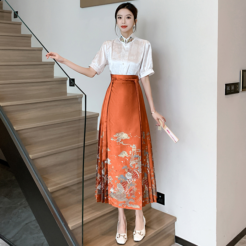 實拍 印花馬面裙夏季新款女中國風漢服可上班穿的新中式上衣套裝