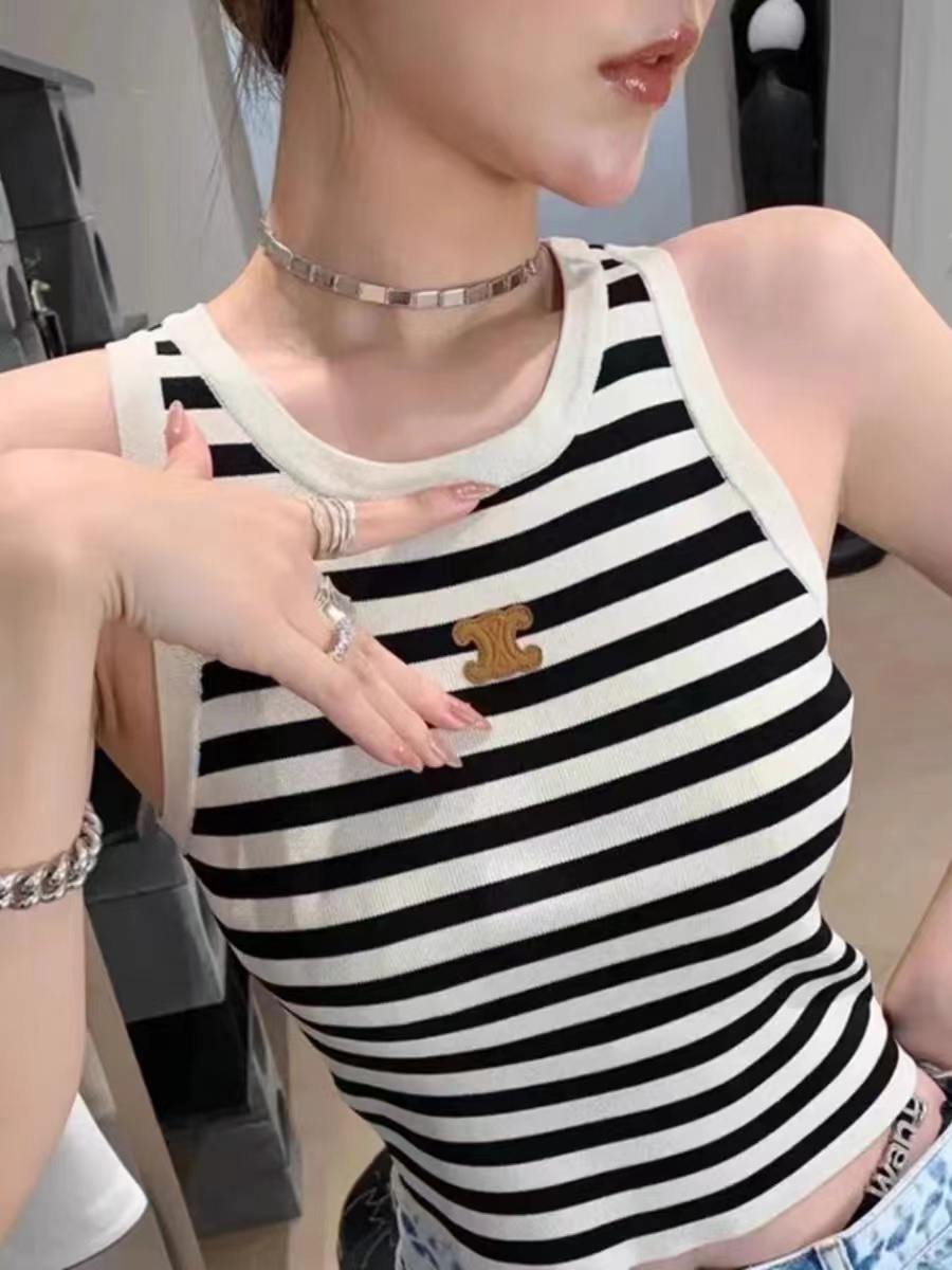 法系~美式復古凱旋門皮標裝飾修身條紋背心女夏季清涼針織吊帶衫