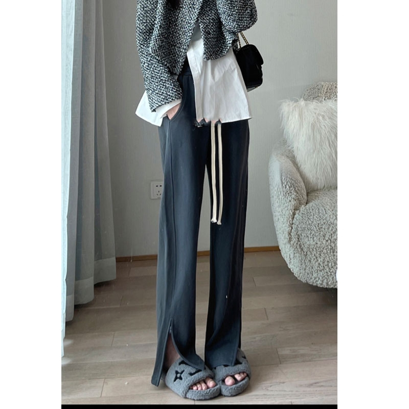 小個子女裝垂感冰絲闊腿大碼夏季梨形高腰直筒寬鬆開叉休閒運動褲