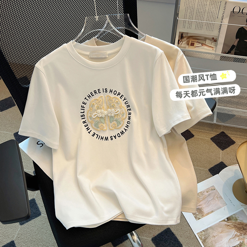 2024春夏季新款國風新中式刺繡短袖T恤女正肩圓領百搭體恤打底衫