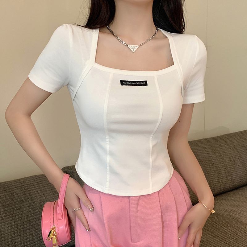 實拍ins潮設計感方領露鎖骨純欲打底衫女短款弧形露腰短袖T恤上衣