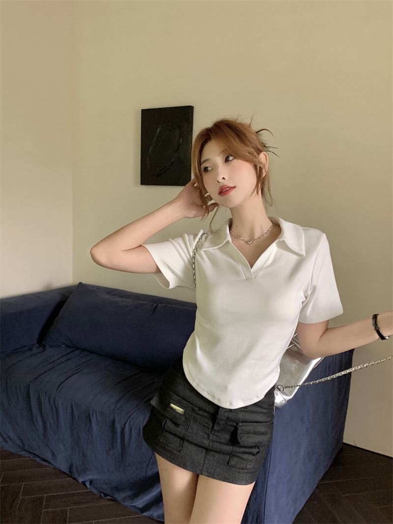 實拍 夏季新款辣妹風設計感不規則小翻領修身顯瘦短款T恤女