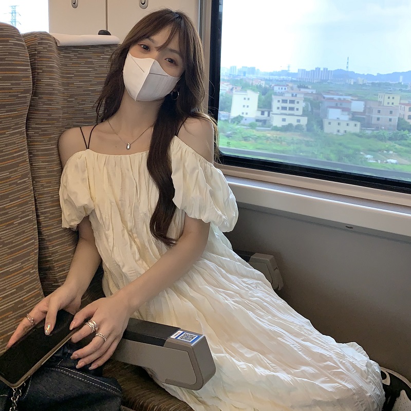 實拍  夏季溫柔少女褶皺壓褶吊帶連衣裙