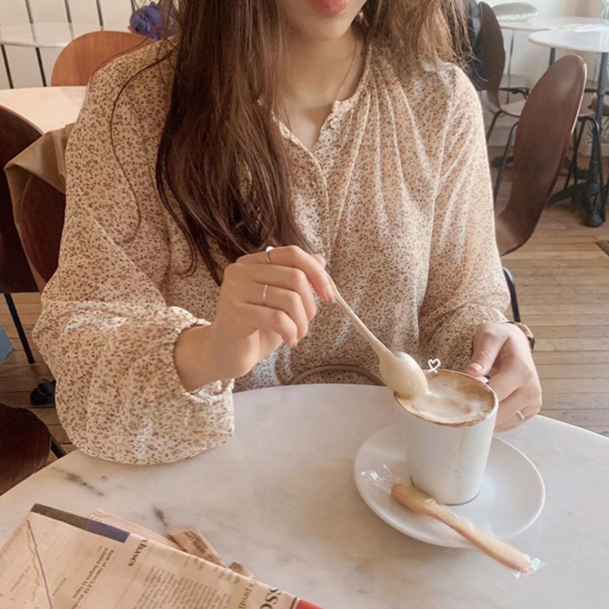 時尚碎花雪紡襯衫長袖早秋復古港味甜美寬鬆泡泡袖小衫洋氣上