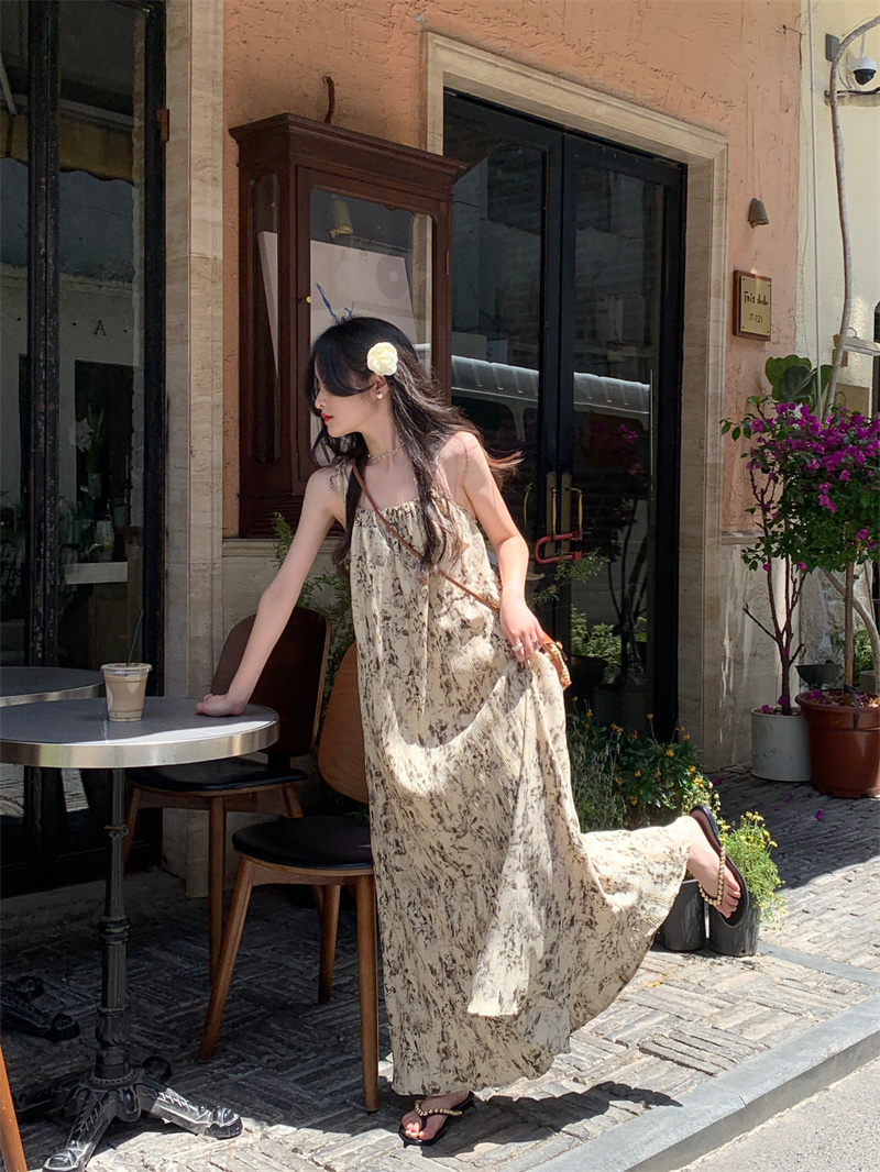 Actual shot of new French high-end ink floral suspender dress