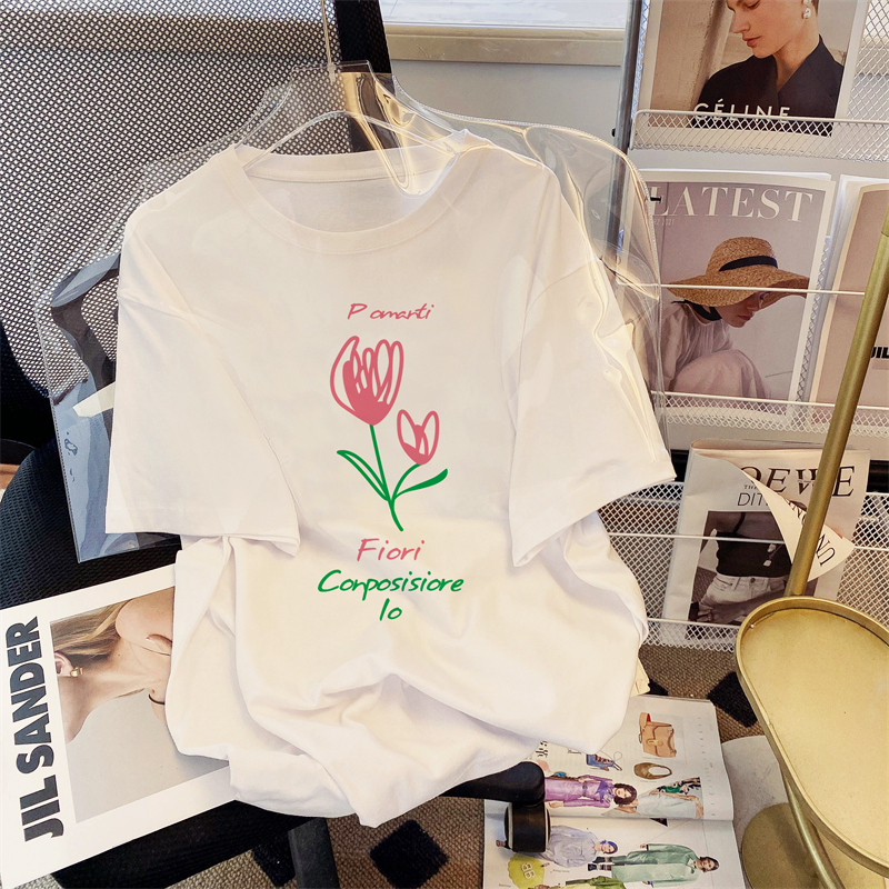 Combed cotton summer short-sleeved T-shirt for women loose Korean style