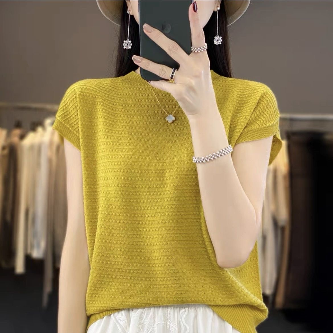 First-line ready-to-wear knitted short-sleeved summer round neck new hollow thin T-shirt solid color loose half-sleeved bottoming top