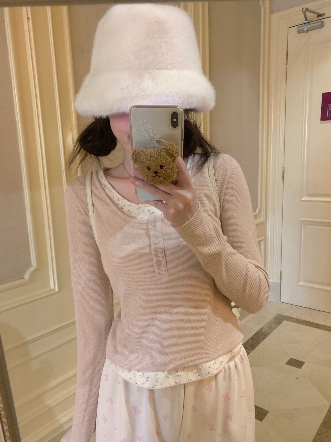 粉色純欲拼接假兩件bm碎花打底針織衫女早春修身長袖t恤短款上衣