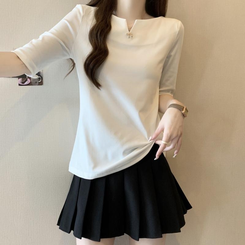 256#實拍  40支純棉 2024夏裝中袖T恤女鎖骨別致上衣ins潮