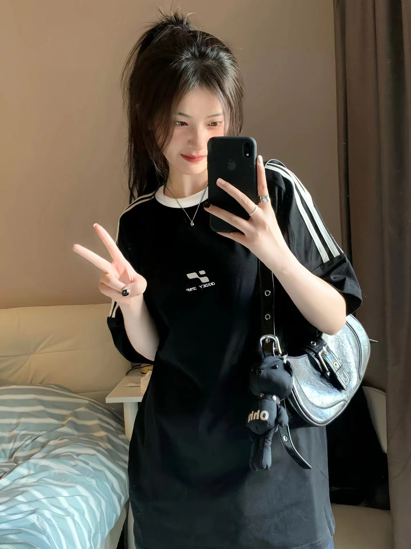 國潮牌撞色三條槓短袖t恤女夏季設計感小眾純棉寬鬆慵懶圓領上衣