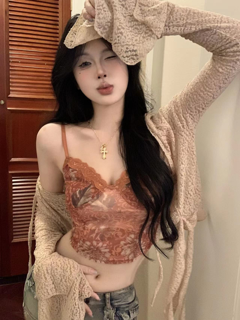 實拍~美式辣妹印花吊帶背心夏季網紗拼接設計感短款外穿上衣