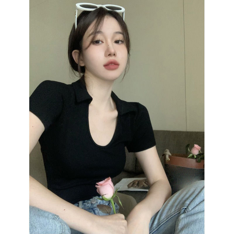 韓系簡約純欲辣妹黑色U領正肩短袖T恤女夏季性感修身百搭短款上衣