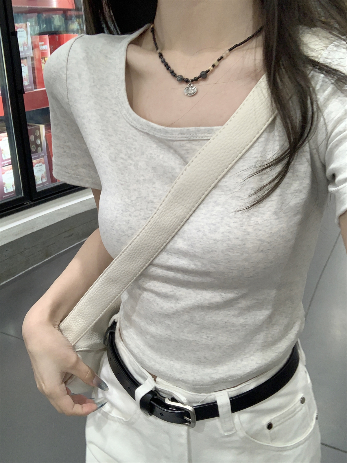 實拍 春夏韓版修身純欲方領短款小個子百搭純棉短袖T恤上衣女