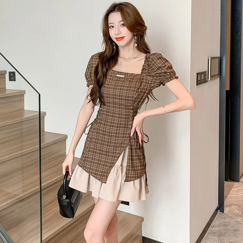 大碼胖MM方領格子連衣裙女夏季小眾設計感拼接假兩件收腰甜酷裙子