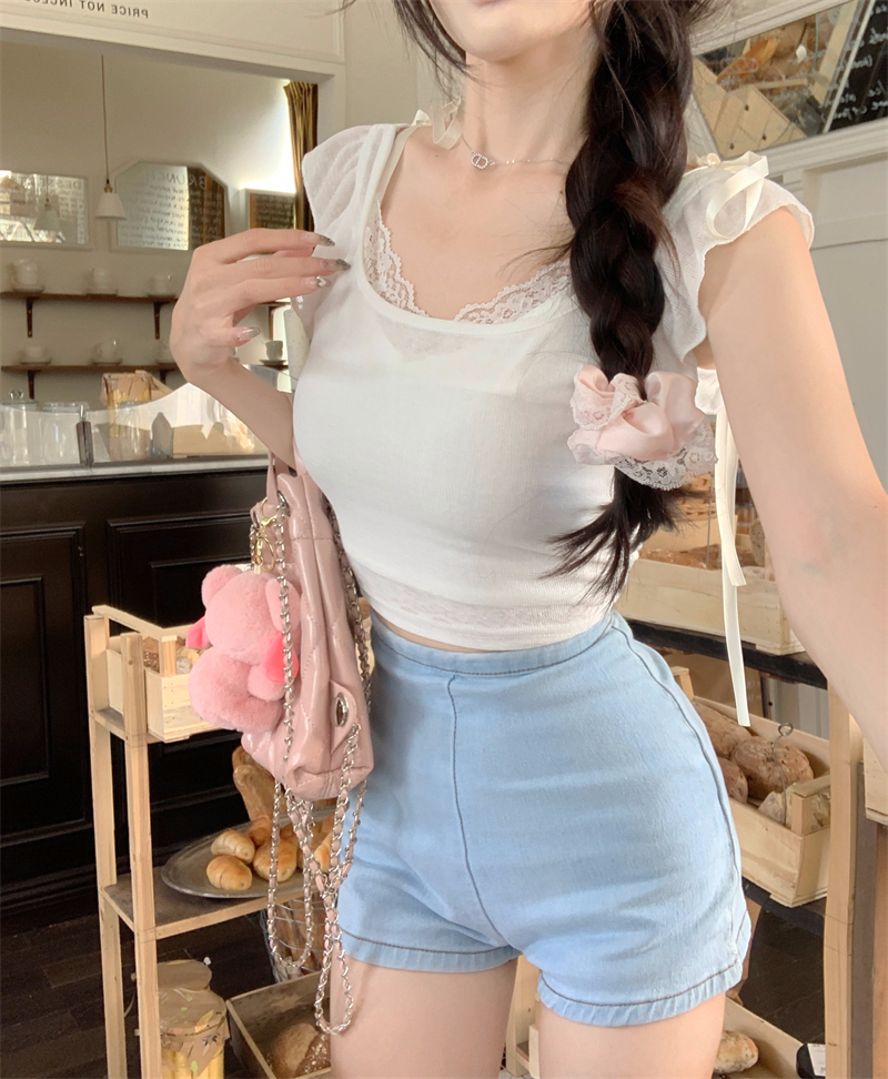 已出貨 純欲辣妹短袖T恤女裝小飛袖夏季蕾絲吊帶上衣氣質兩件套
