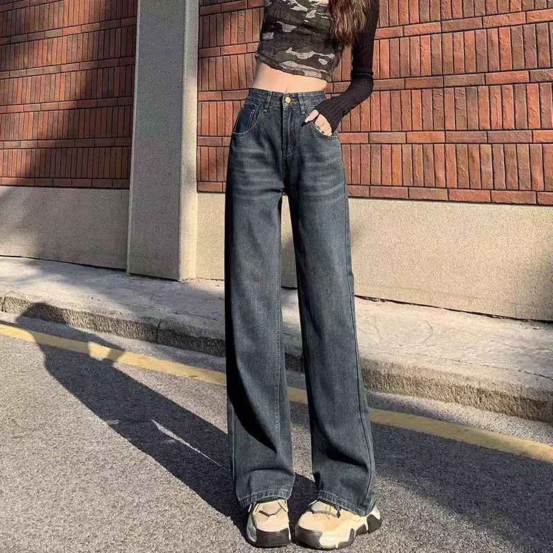水泥灰春裝牛仔褲女春秋季2024年新款直筒寬鬆高腰窄版闊腿褲子