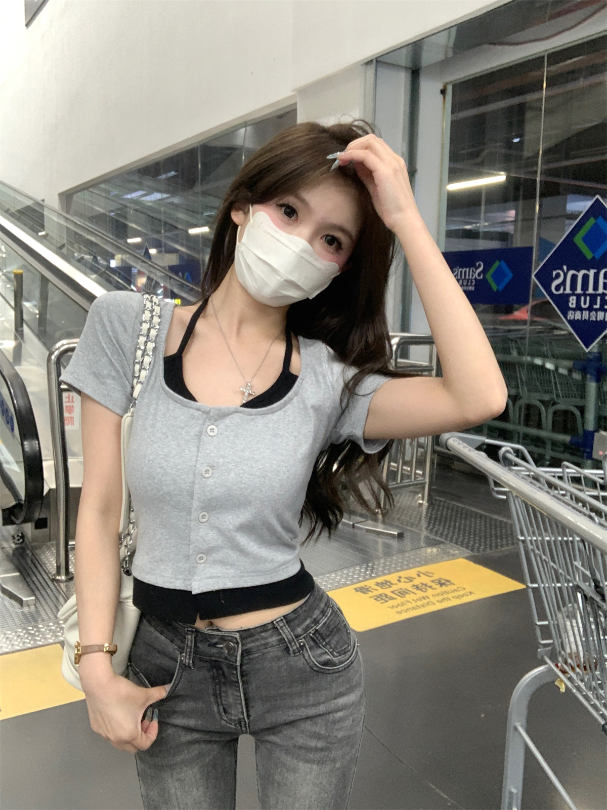 實拍 春夏韓版修身純欲系帶撞色假兩件設計感純棉短袖T恤上衣