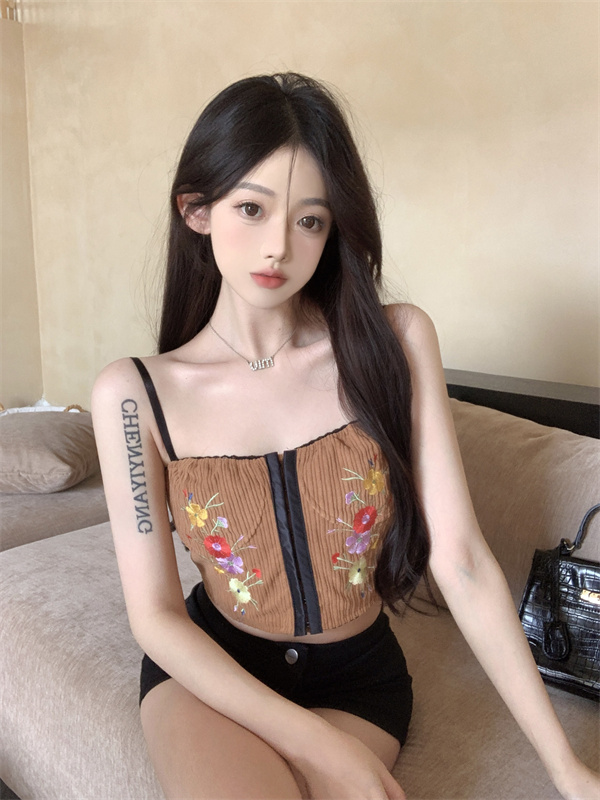 實拍 復古燈芯絨花朵刺繡重工辣妹性感吊帶