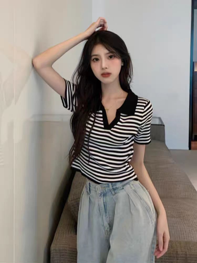 條紋T恤女春薄款Polo領短袖短款高腰露臍設計感小眾針織辣妹上衣