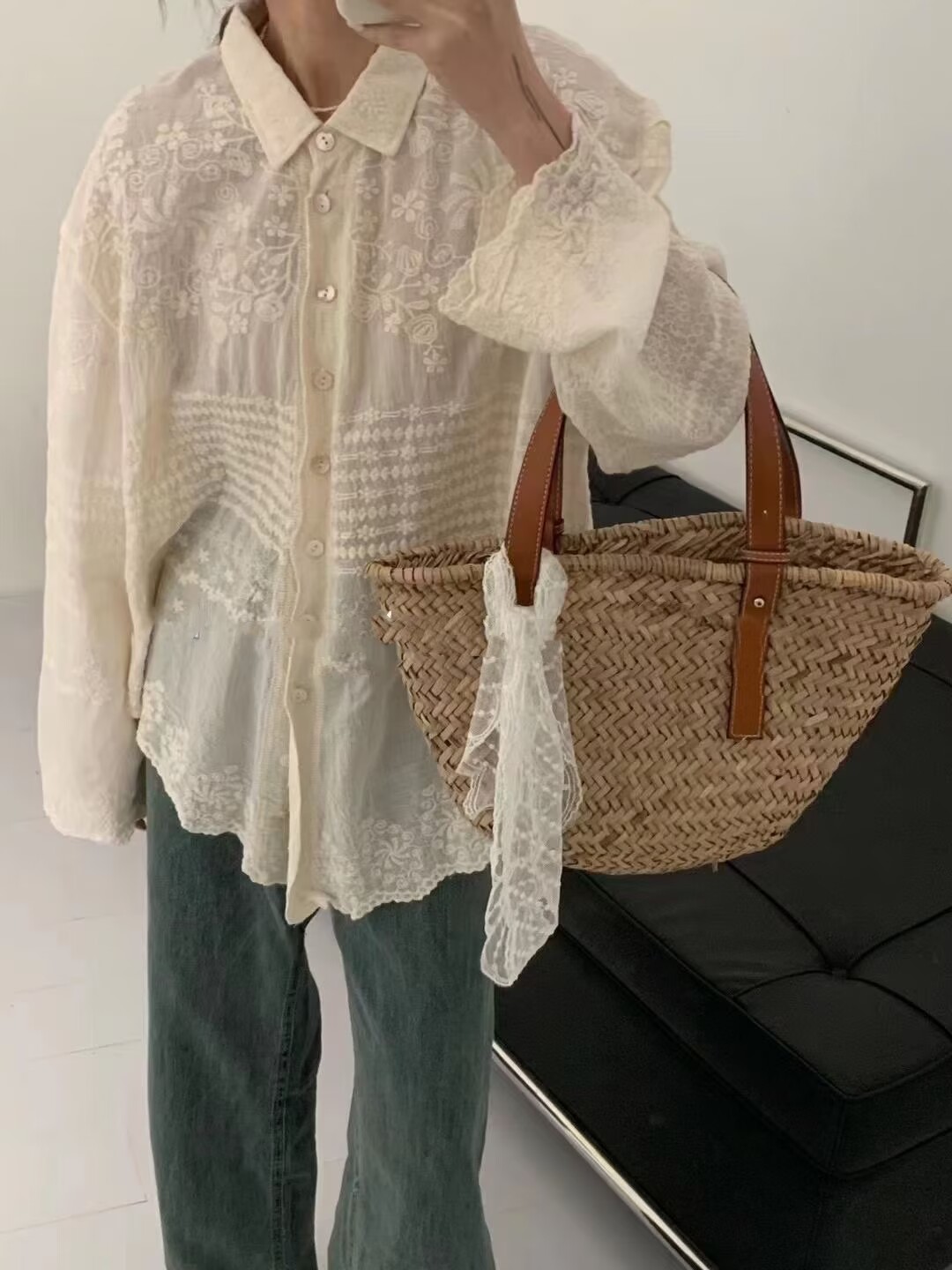 純棉休閒刺繡襯衫女韓版新款甜美寬鬆型純色顯瘦日系長袖襯衫