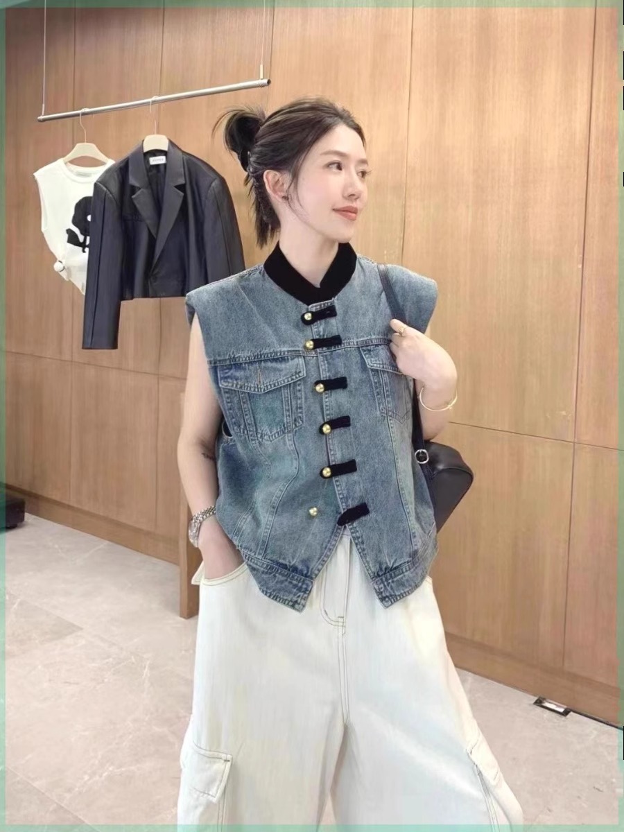 撞色立領國風盤扣牛仔馬甲女歐貨2024春夏新款時尚復古無袖外套潮