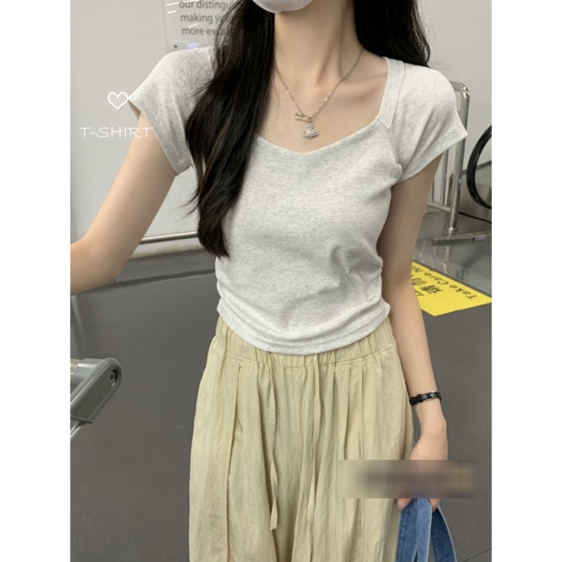 灰色修身短袖t恤女裝2024年新款顯瘦氣質夏季休閒純色百搭上衣服