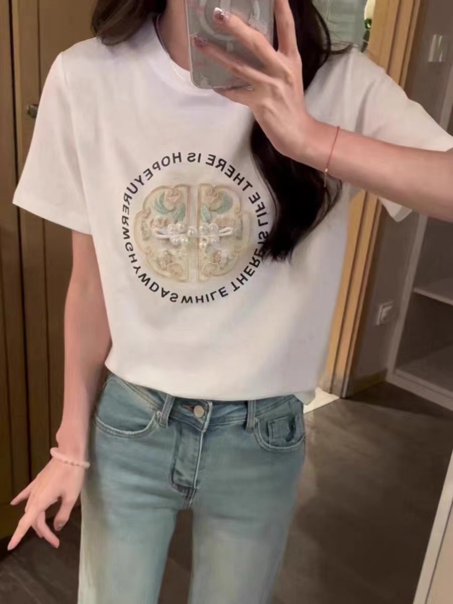 新中式國風短袖t恤女2024新款夏季寬鬆小眾設計感獨特别致上衣女