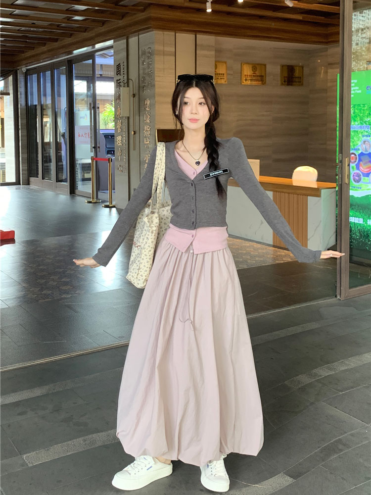 實拍~大碼女裝2024假兩件撞色純欲兩件套+工裝蓬蓬花苞裙套裝