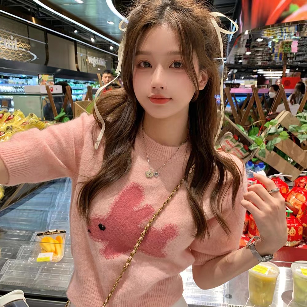 韓系溫柔甜美粉色小兔圓領短袖毛衣夏季別致短款針織衫套頭上衣女