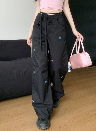 Actual shot~Large size 2024 new style bow embroidered straight wide leg pants slim overalls lace up casual pants