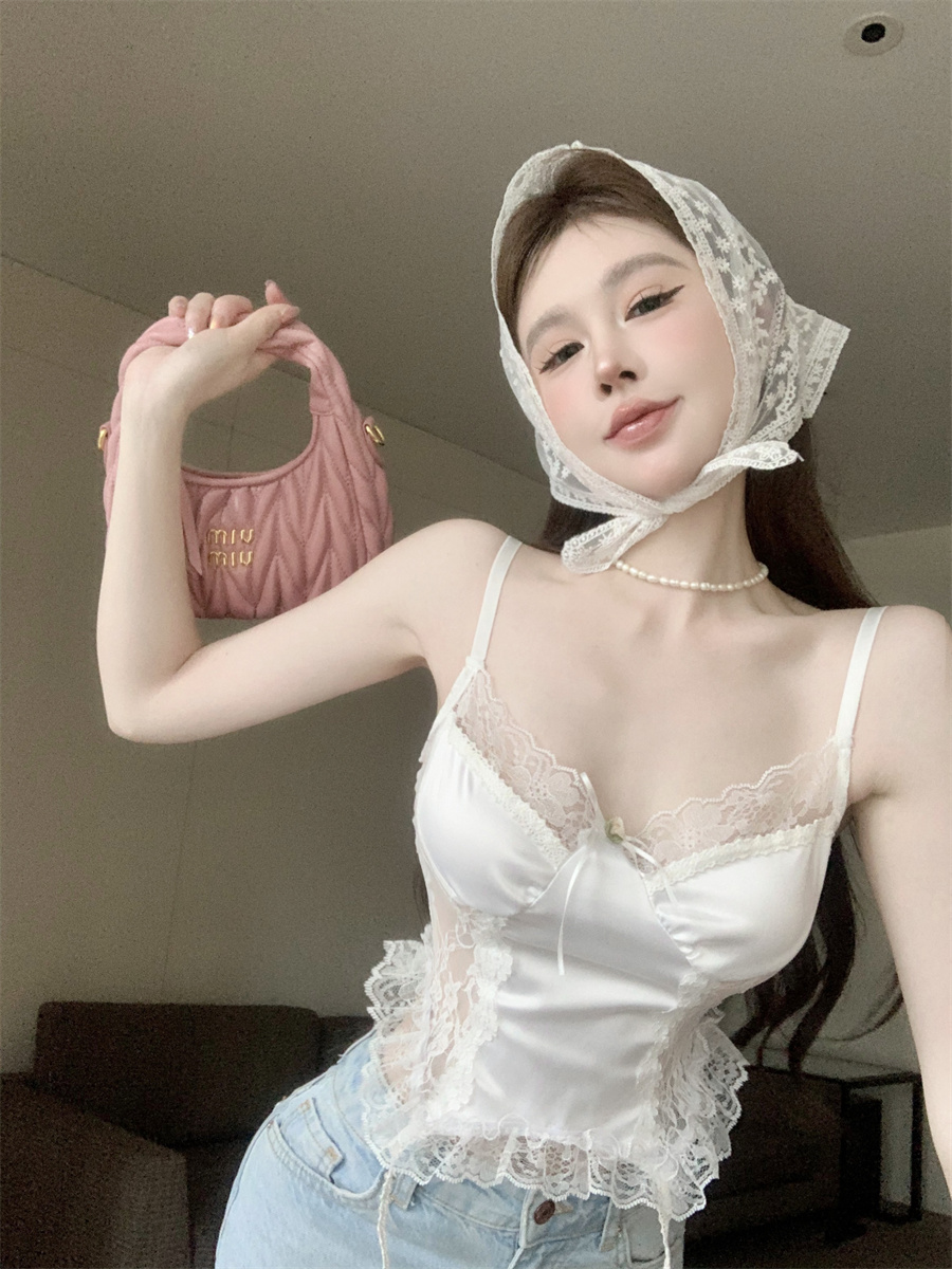 實拍 夏季純欲風性感蕾絲花邊拼接修身內搭外穿背心吊帶上衣