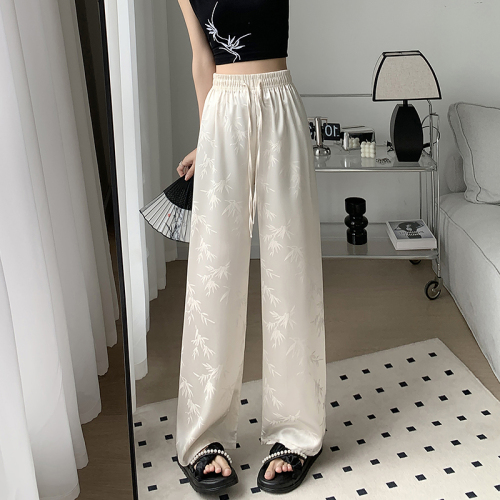 Real shot of national style satin jacquard wide-leg pants for women 2024 spring and summer new high-waisted slimming ice silk casual floor mopping pants