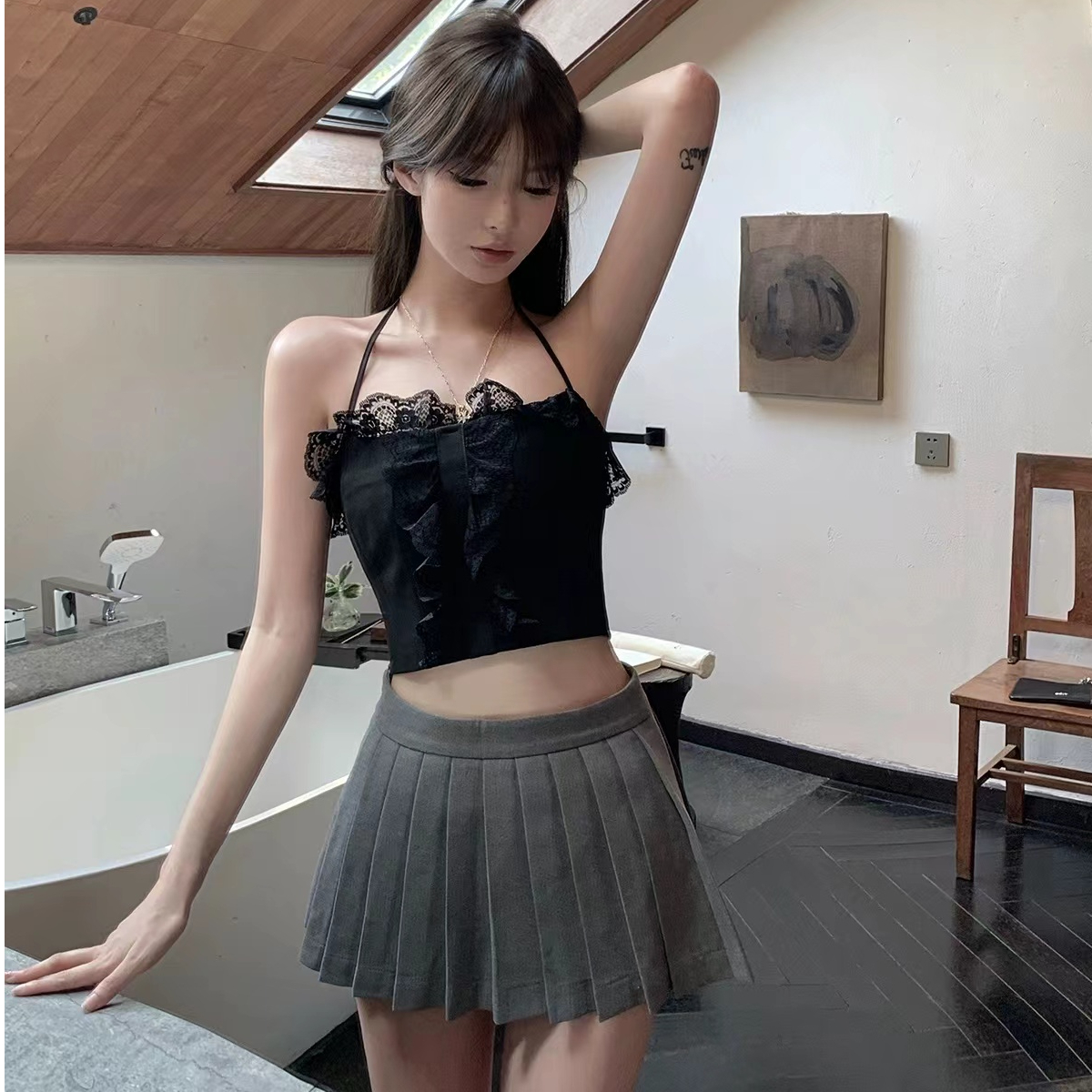 針織 新款性感辣妹風掛脖系帶拼接高腰短款打底小吊帶女