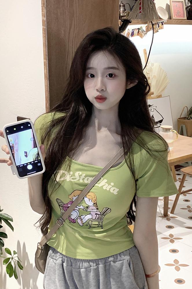 辣妹修身顯瘦t恤女夏季2024新款設計感小眾印花短袖體恤短款上衣