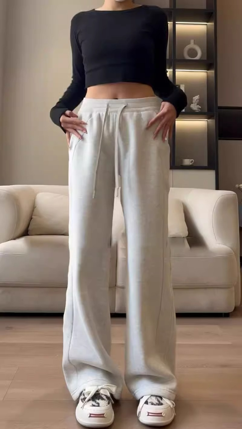 Chinese cotton composite milk silk drawstring elastic waist casual pants women's loose wide leg pants floor mopping long pants