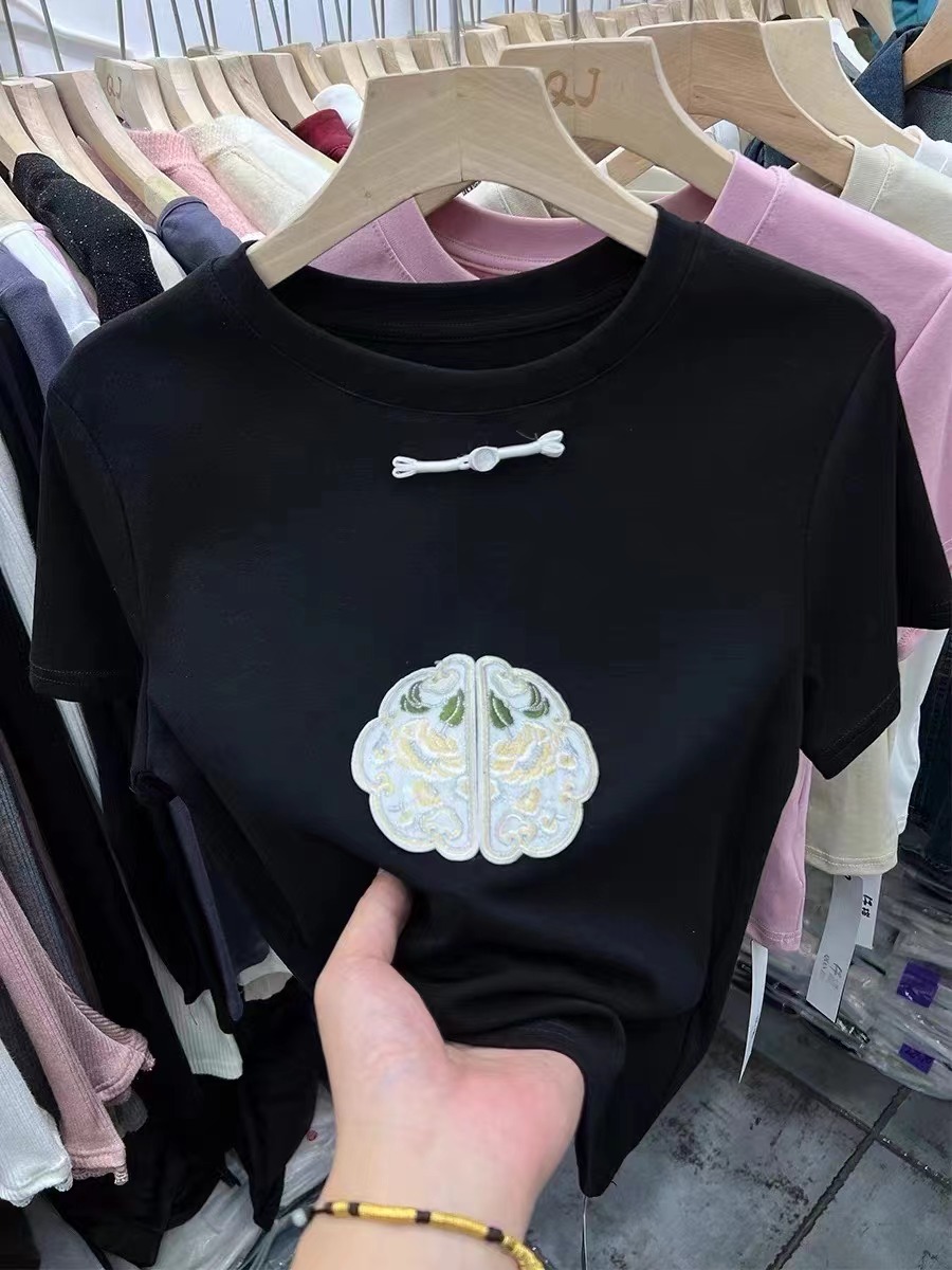 2024春夏新款新中式國風刺繡長袖T恤時尚百搭上衣女潮