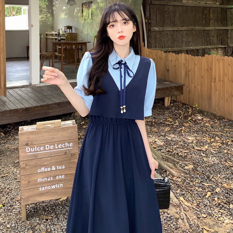 實拍~大碼女裝假兩件連衣裙夏季2024新款法式復古設計感氣質長裙