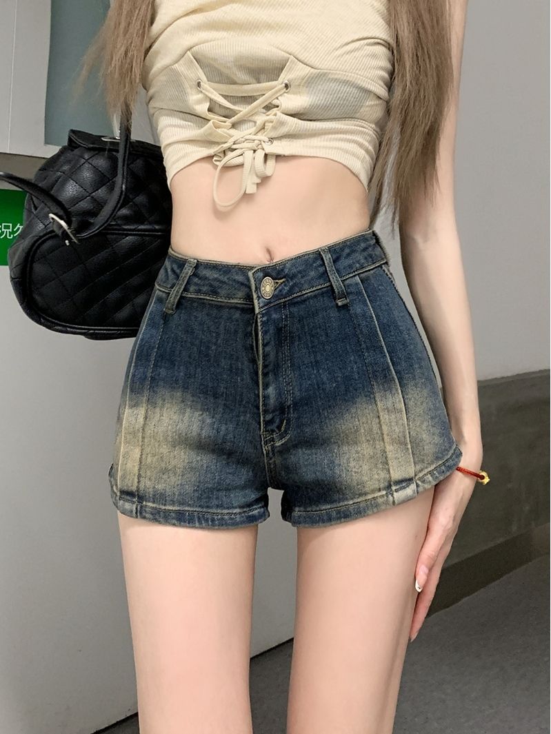 水洗復古牛仔短褲女夏季2024新款美式辣妹顯瘦彈力高腰a字熱褲子