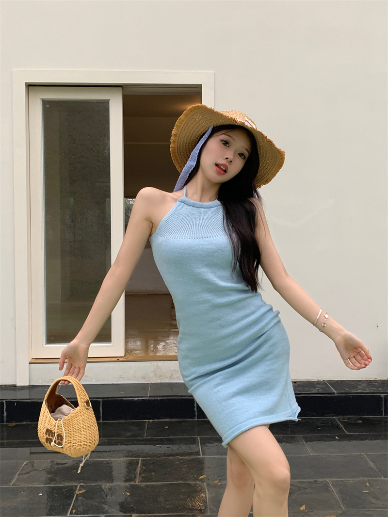 實拍 新款純欲性感掛脖綁帶無袖針織裙修身收腰連衣裙包臀裙