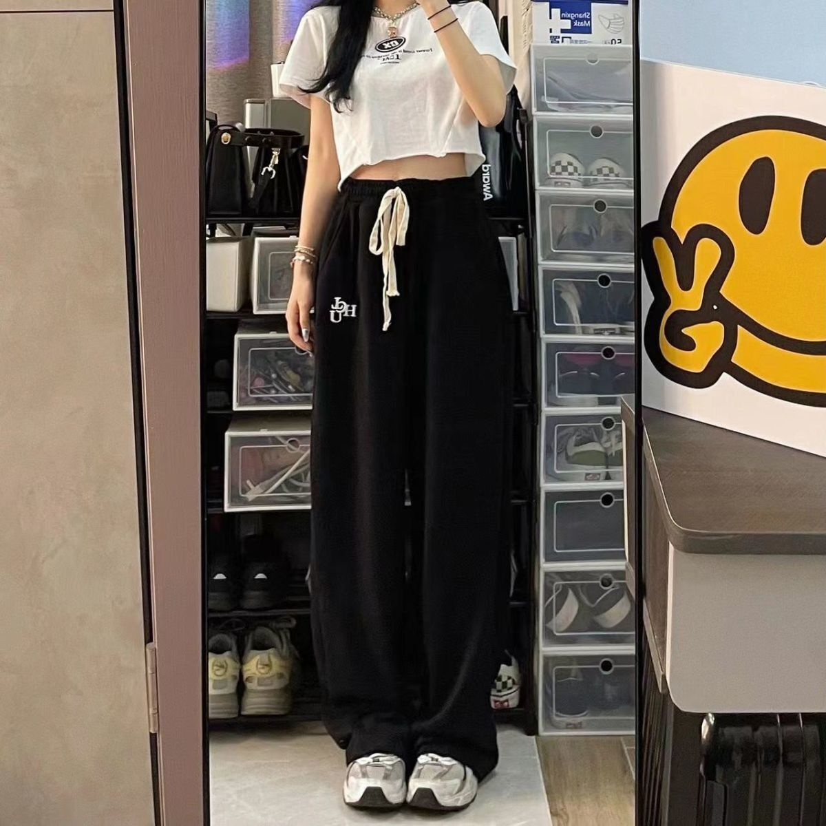 黑色高腰休閒褲女直筒春秋新款大碼胖mm寬鬆顯瘦梨形身材運動褲