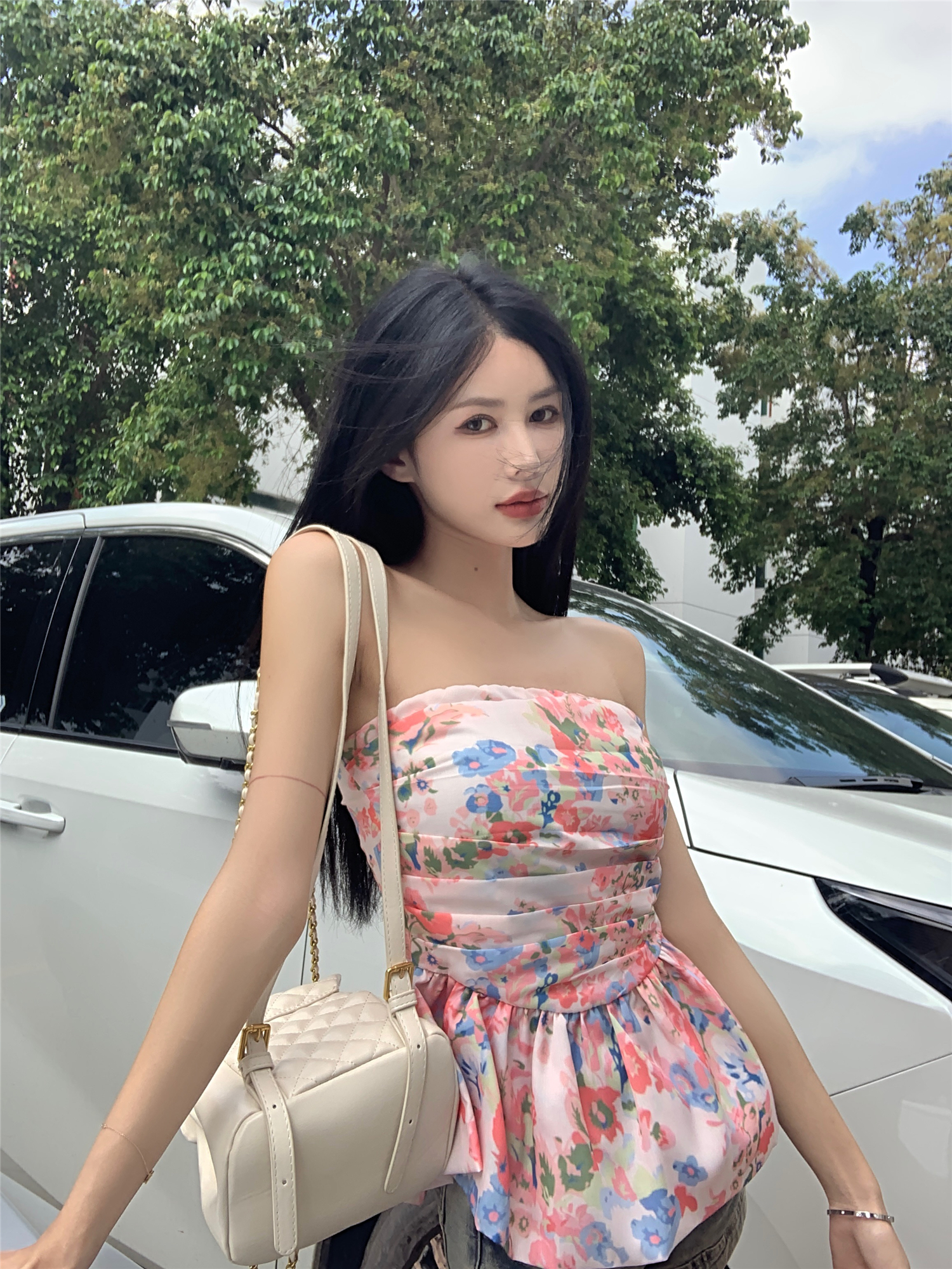 Actual shot ~ Endless Summer/Smudge Printed Tube Top with Suspenders for Women to Wear Summer Pure Desire Versatile Slim Top