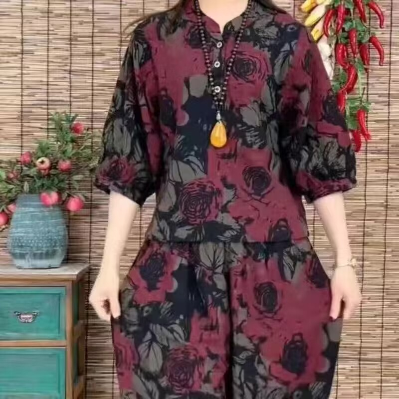 新款寬鬆顯瘦洋氣印花休閒套裝減齡遮肉時尚復古哈倫褲兩件套